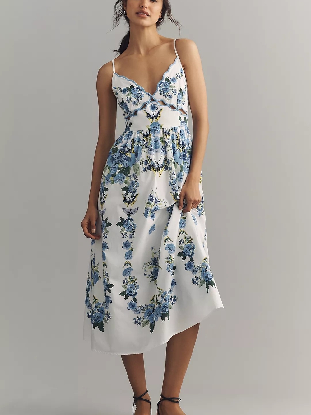 By Anthropologie Cotton Scalloped Midi Dress Floral Butterfly Preppy Size M